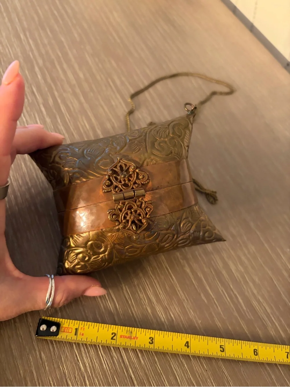 Vintage 1930s Art Deco embossed brass & copper pillow purse